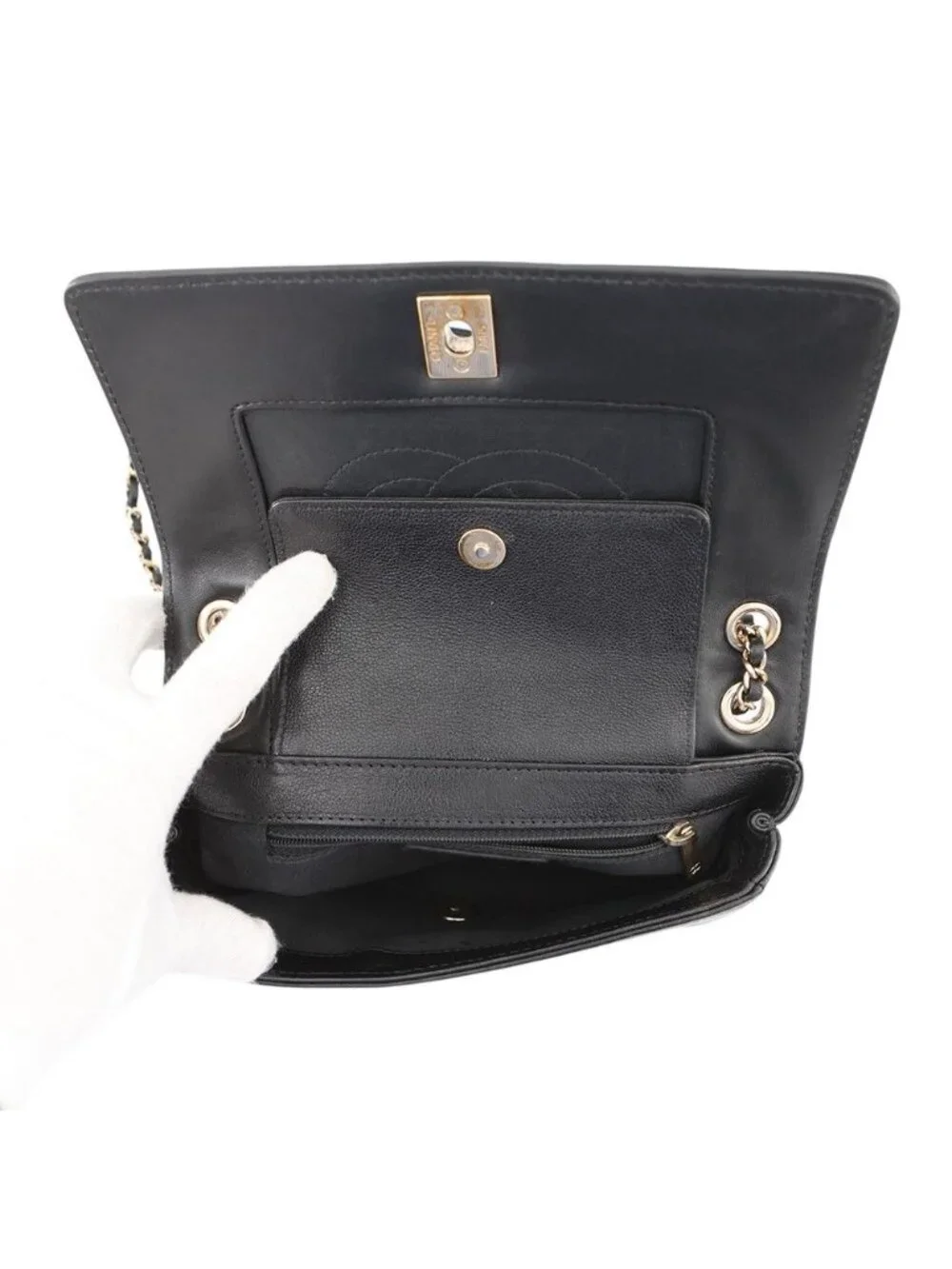 Chanel Chain Shoulder Bag Mademoiselle Stitch Double Flap Leather 2-Way Black